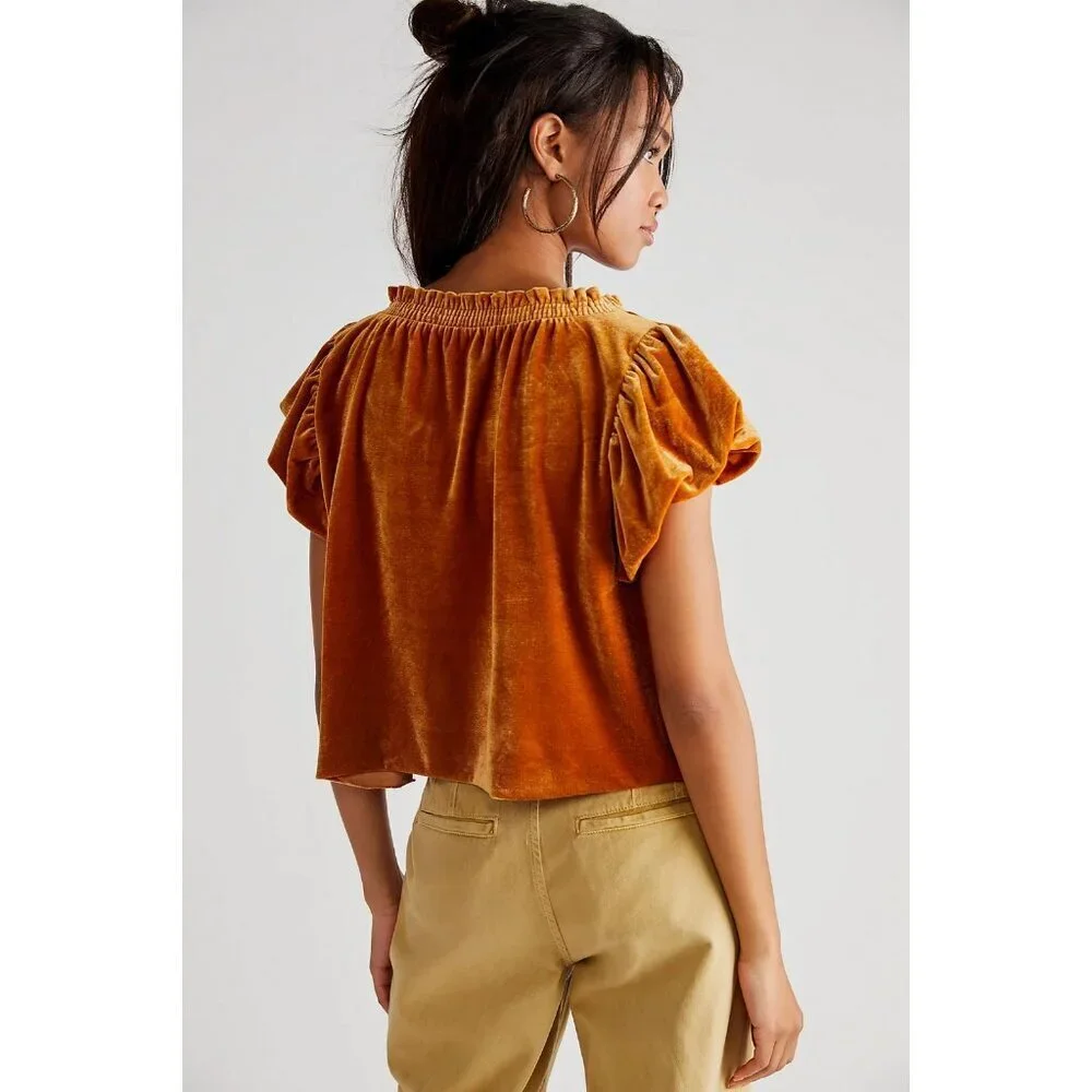 Free People Terese Velvet Top Pumpkin Pie Puff Short Sleeve Women's Medium